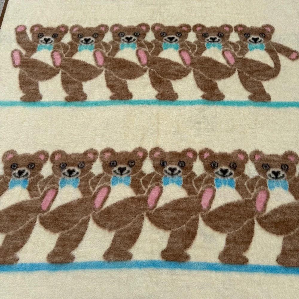 Biederlack Blanket Large Brown Dancing Teddy Bears Reversible Throw Vintage USA